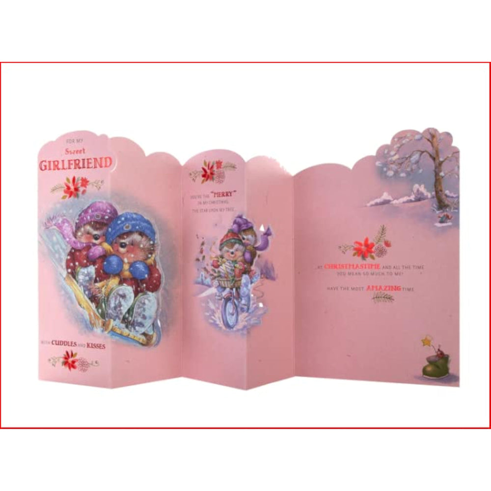 Hallmark "For My Sweet Girlfriend" 3D greeting card with cuddles and kisses design, featuring colorful illustrations and heartfelt message.