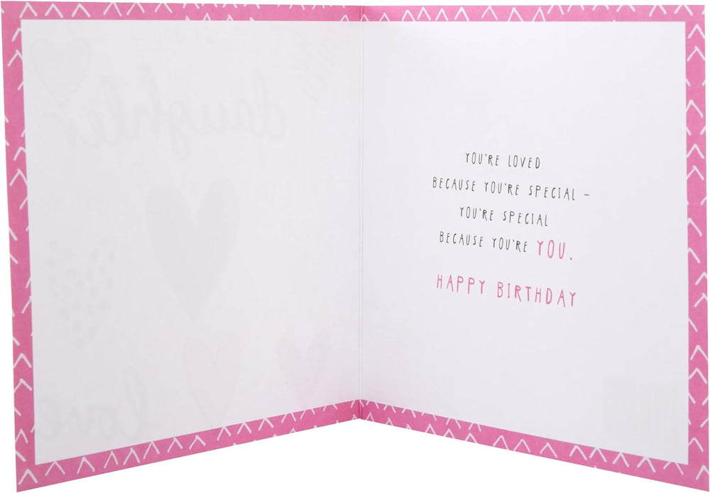 Hallmark For You Daughter greeting card with colorful heart illustrations and heartfelt message inside.