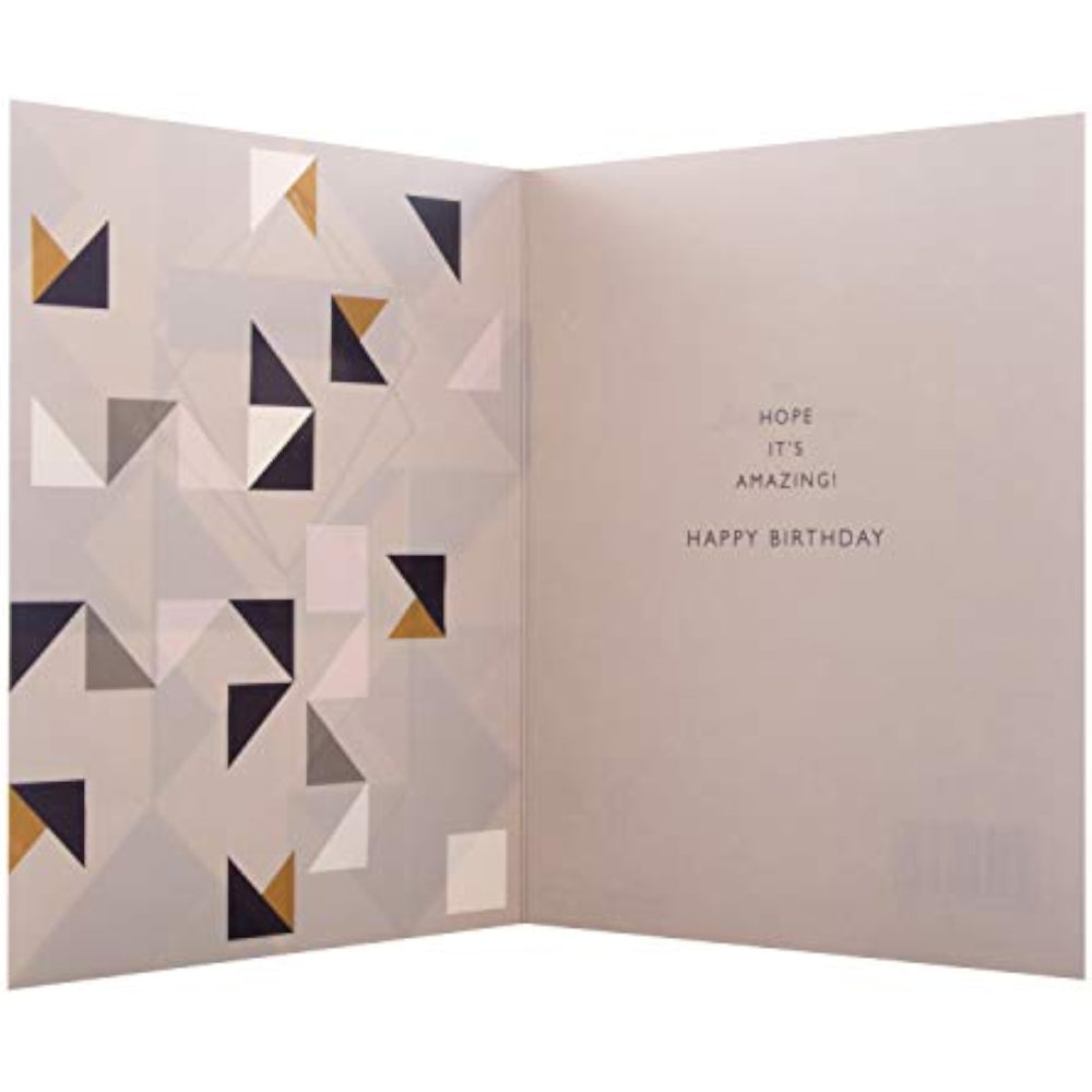 Hallmark geometric foiled birthday greeting card with 3D tag design, featuring modern geometric patterns and shiny foil accents.