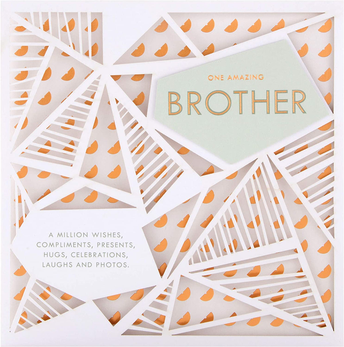Hallmark geometric laser-cut birthday greeting card with intricate cut design, suitable for celebrating a brother.