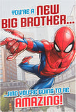 Hallmark Spiderman baby brother greeting card featuring superhero design and cheerful message for celebrating a new baby.