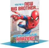 Hallmark Spiderman baby brother greeting card with colorful superhero design and cheerful message for new sibling.