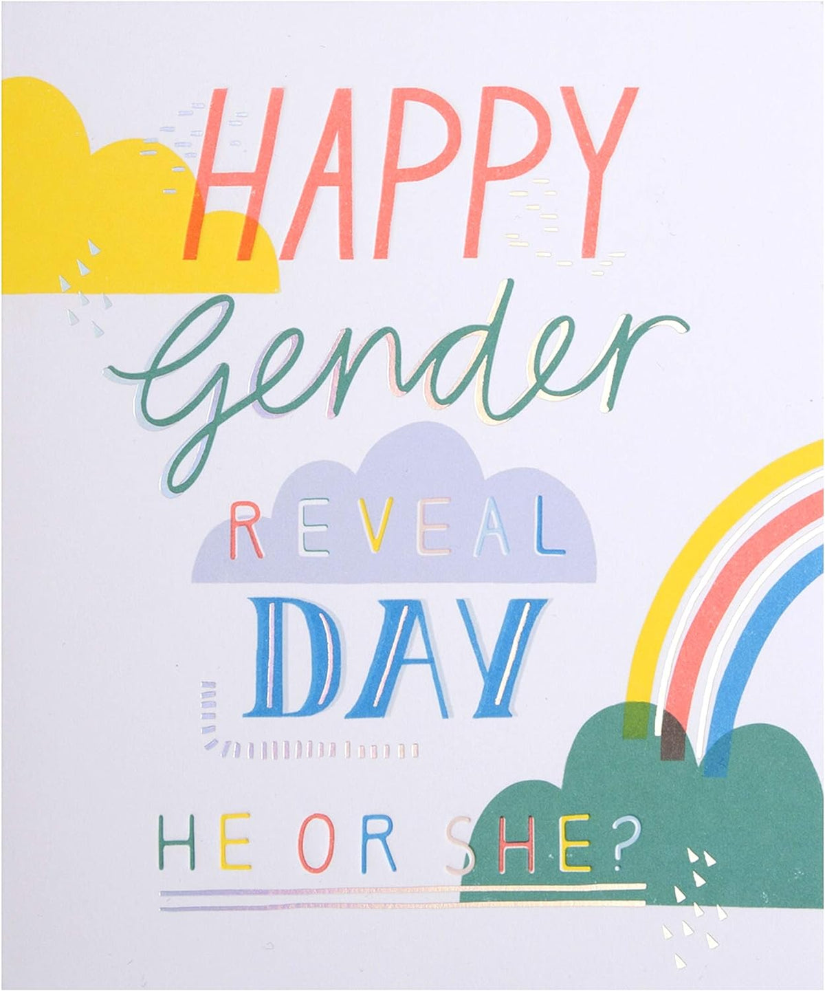 Hallmark Happy Gender Reveal Day greeting card featuring "He or She?" design for celebrating new baby gender reveal.