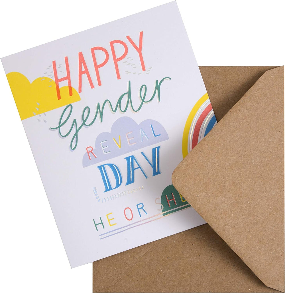 Hallmark Happy Gender Reveal Day greeting card with "He or She?" message and colorful design for celebrating a new baby's gender.
