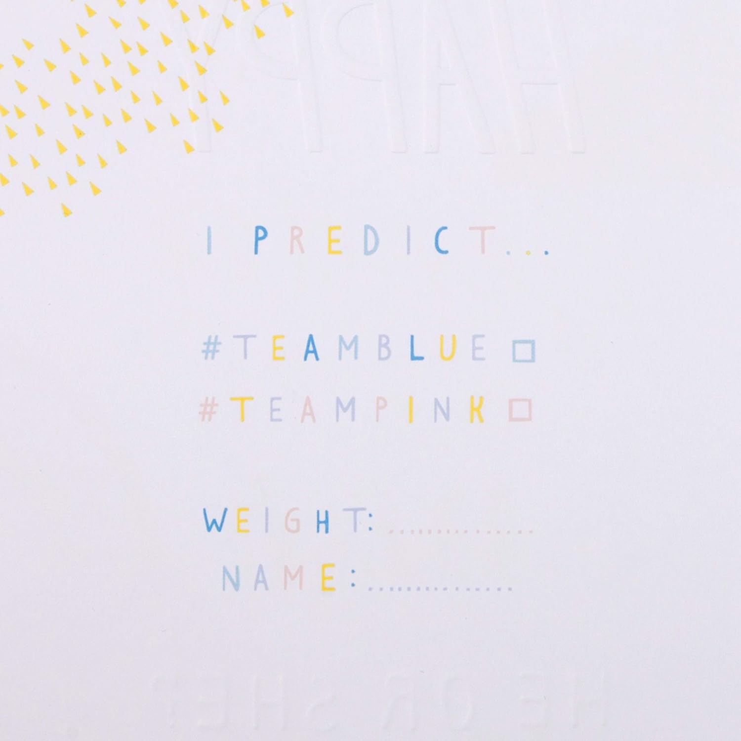 Hallmark Happy Gender Reveal Day greeting card featuring "He or She?" message and festive design for new baby celebrations.