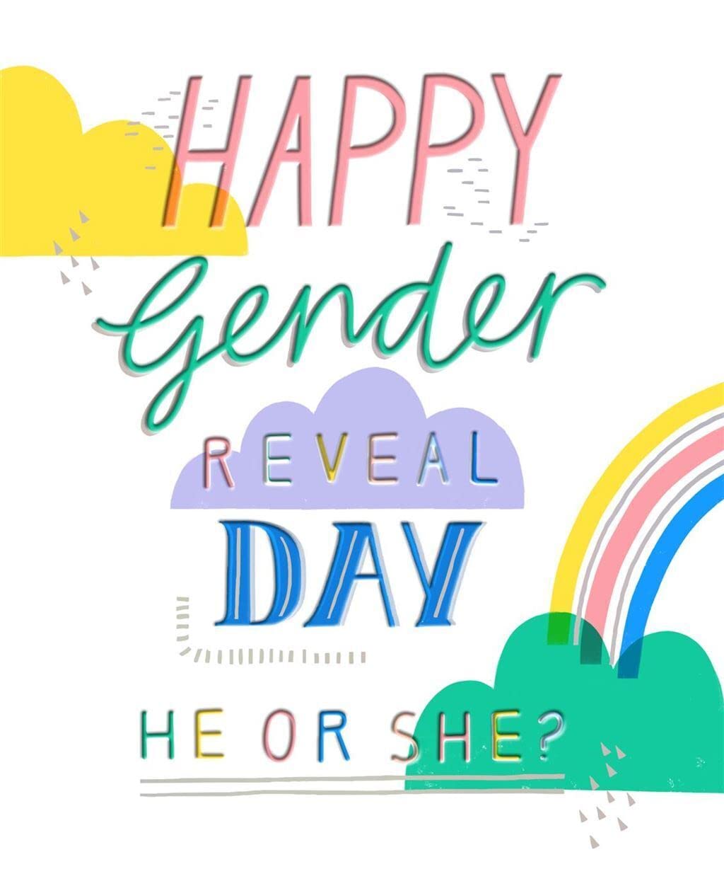 Hallmark Happy Gender Reveal Day greeting card featuring "He or She?" with cheerful design for new baby celebration