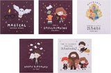 Set of five Hallmark Harry Potter birthday greeting cards featuring magical designs and Harry Potter-themed illustrations.