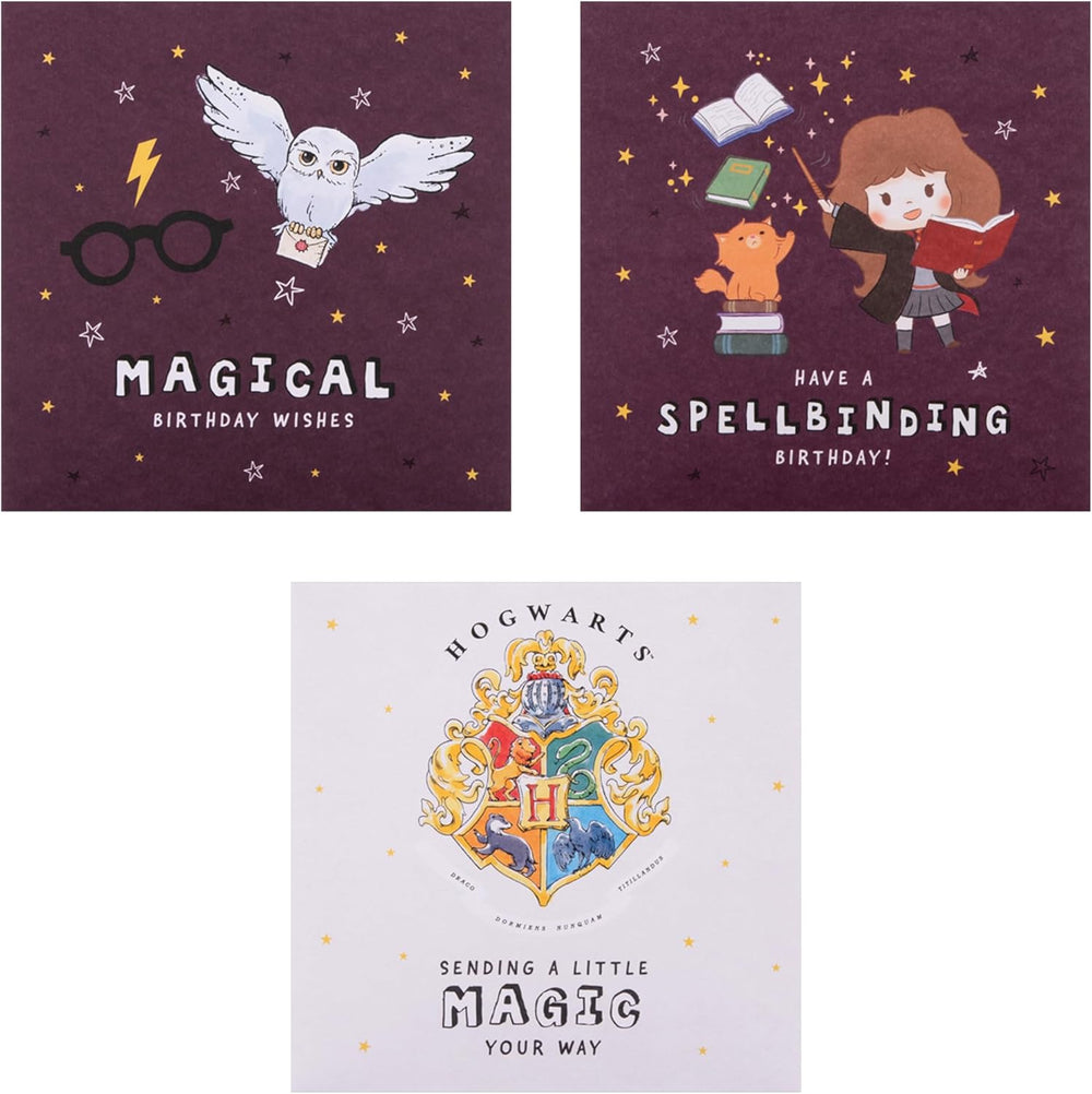 Set of five Hallmark Harry Potter greeting cards featuring magical designs for birthdays, perfect for fans of the wizarding world.