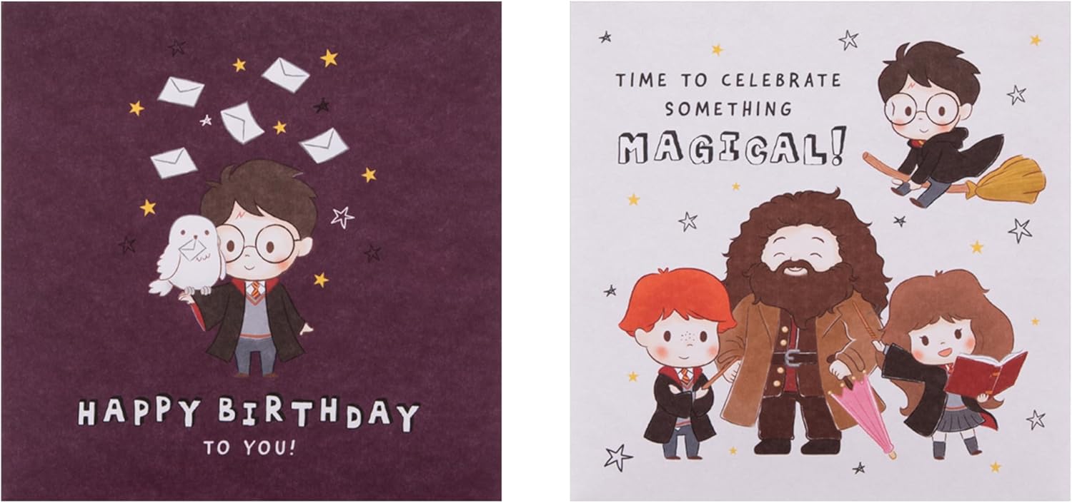 Hallmark Harry Potter birthday greeting card multi pack featuring five designs with magical Harry Potter themes and illustrations.