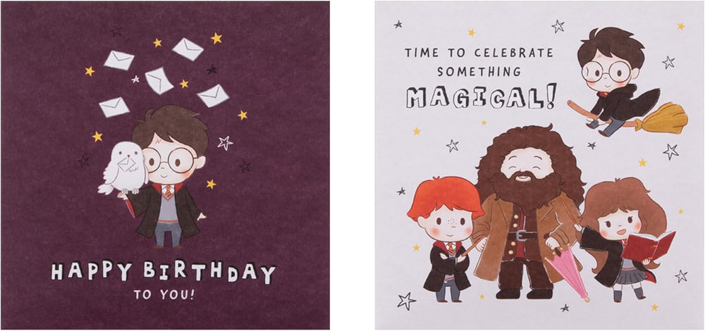Hallmark Harry Potter birthday greeting card multi pack featuring five designs with magical Harry Potter themes and illustrations.