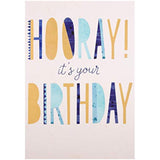 Hallmark birthday greeting card with colorful "Hooray It's Your Birthday" design and cheerful celebratory graphics.