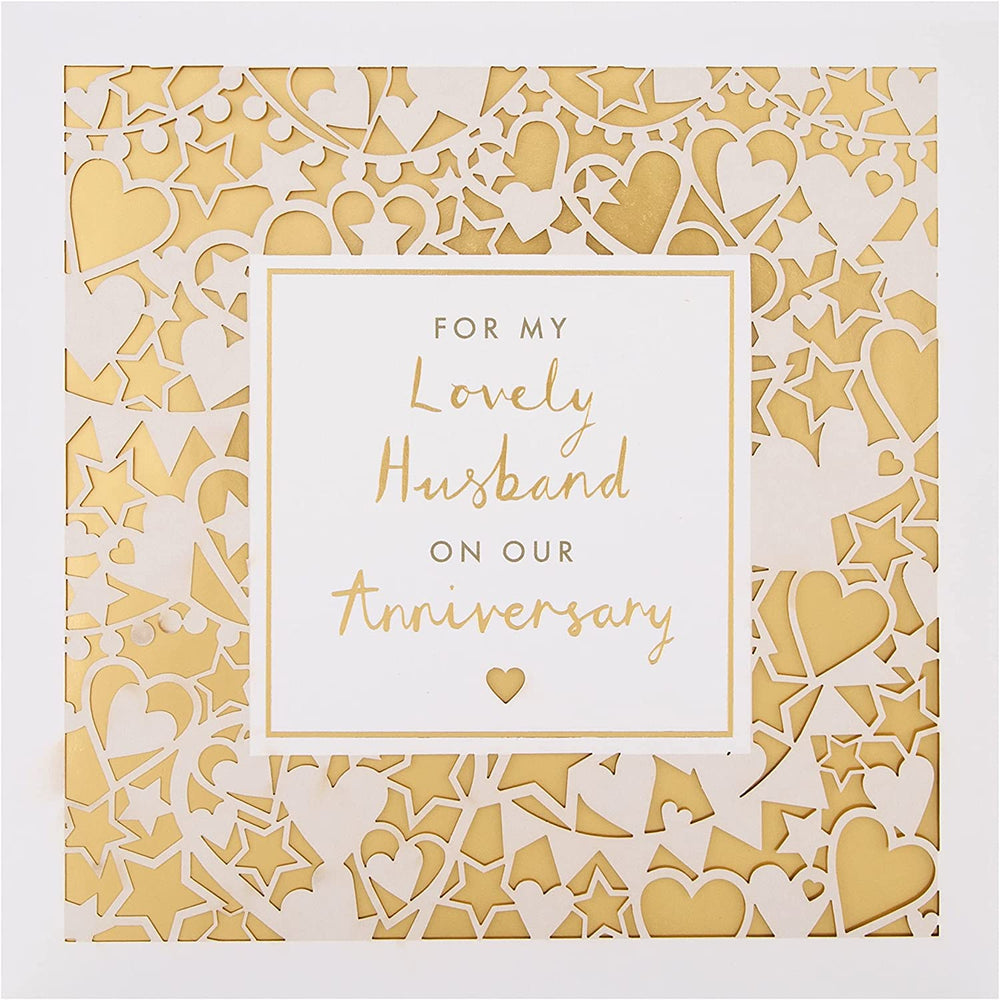 Hallmark wedding anniversary greeting card with intricate laser-cut design for husband, featuring detailed patterns and elegant craftsmanship.