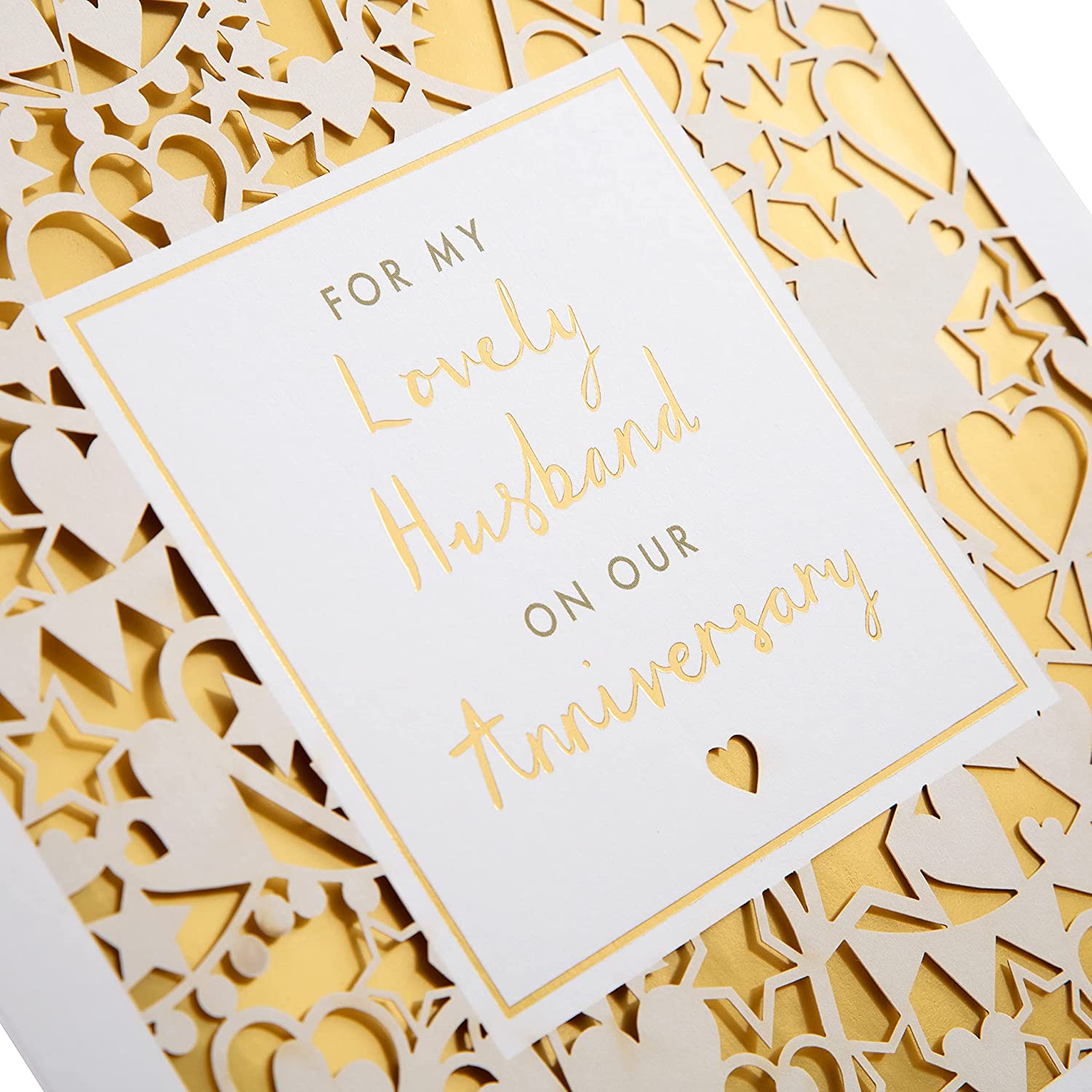 Hallmark wedding anniversary greeting card with intricate laser-cut design for husbands, featuring elegant detailing and heartfelt message