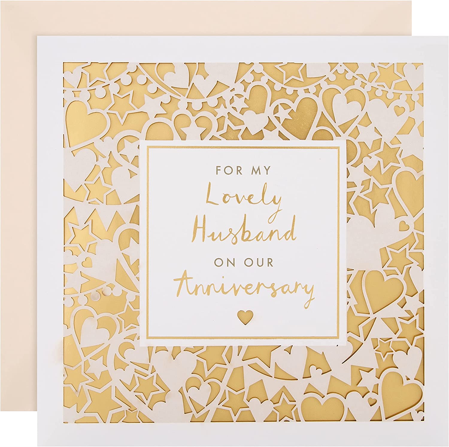 Hallmark wedding anniversary greeting card with intricate laser-cut floral design for husband, showcasing detailed craftsmanship.