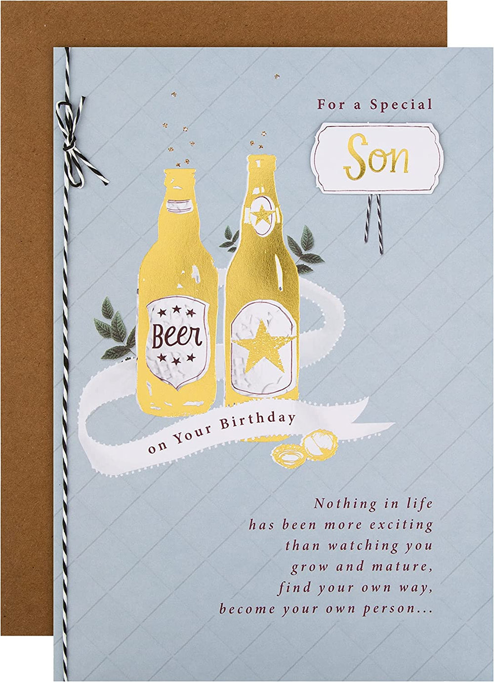Hallmark large birthday greeting card for son with traditional verse design and multicoloured illustrations.