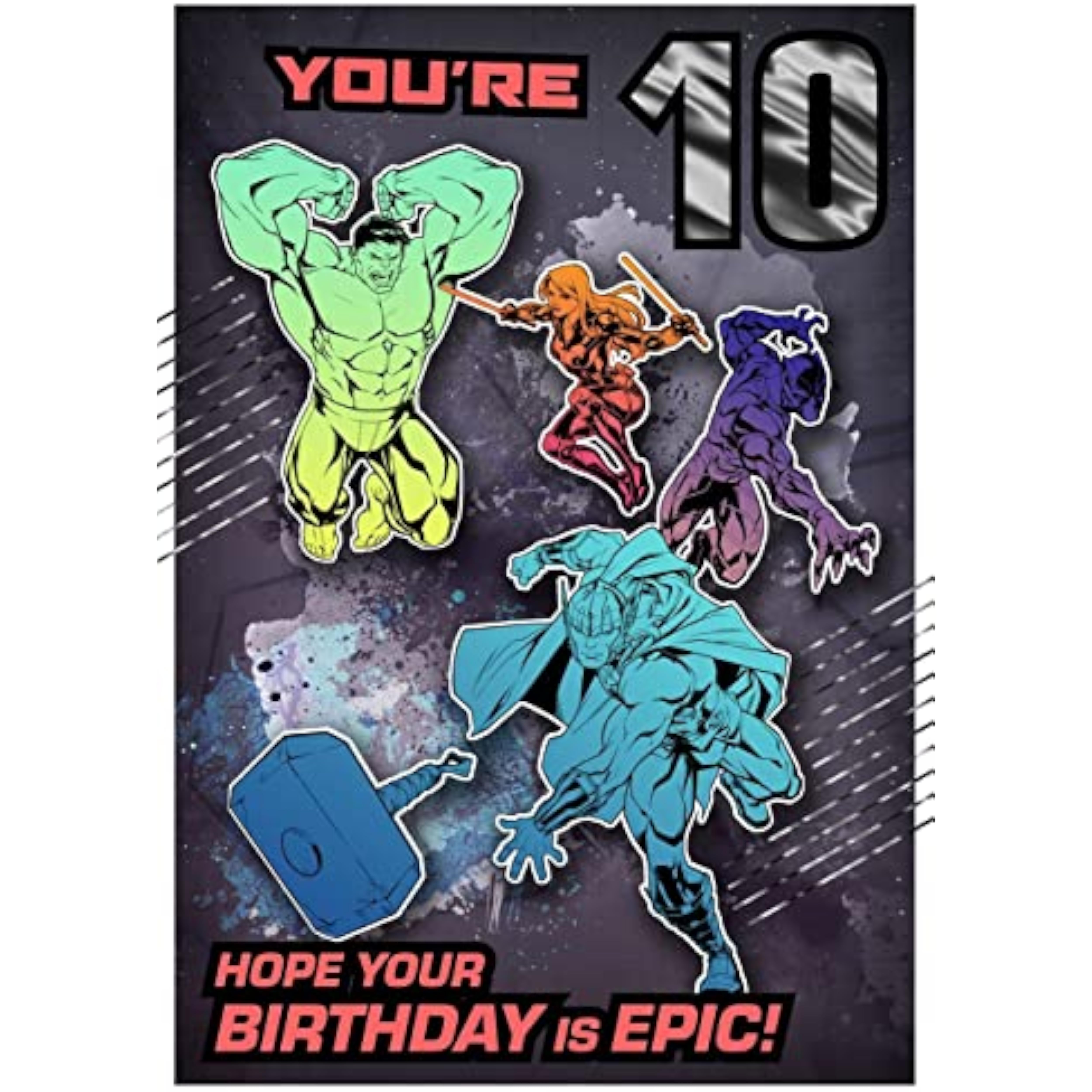 Hallmark Marvel Avengers 10th birthday greeting card featuring superhero characters and colorful design for kids' celebrations