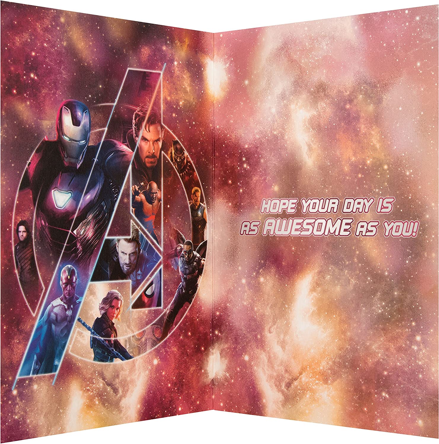 Hallmark Marvel Avengers Infinity War birthday greeting card featuring Marvel superheroes and vibrant comic-style artwork.
