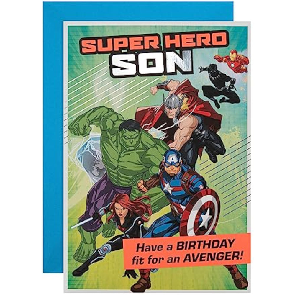 Hallmark Marvel Avengers superhero birthday greeting card featuring popular Marvel characters for a young boy’s celebration.