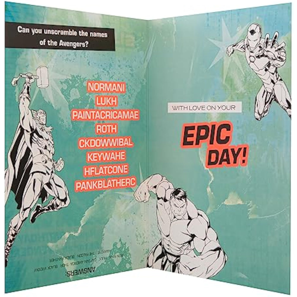 Hallmark Marvel Avengers Super Hero Son birthday greeting card with colorful superhero design and bold lettering.
