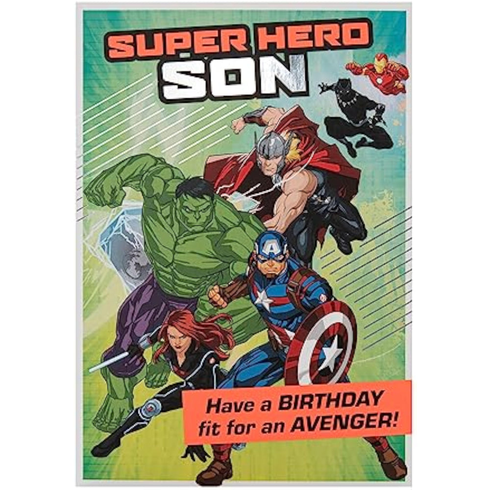Hallmark Marvel Avengers Super Hero birthday greeting card featuring popular Marvel characters and vibrant superhero artwork.