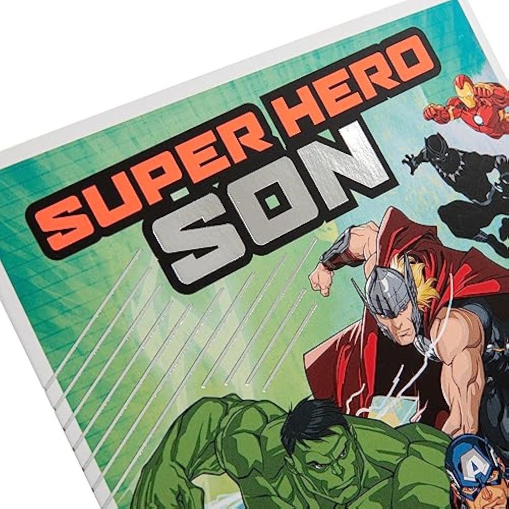 Hallmark Marvel Avengers Super Hero Son birthday greeting card featuring popular Marvel characters and superhero-themed design.