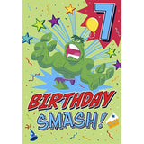 Hallmark Marvel Hulk 7th birthday greeting card featuring Hulk in a dynamic pose with colorful birthday-themed graphics.