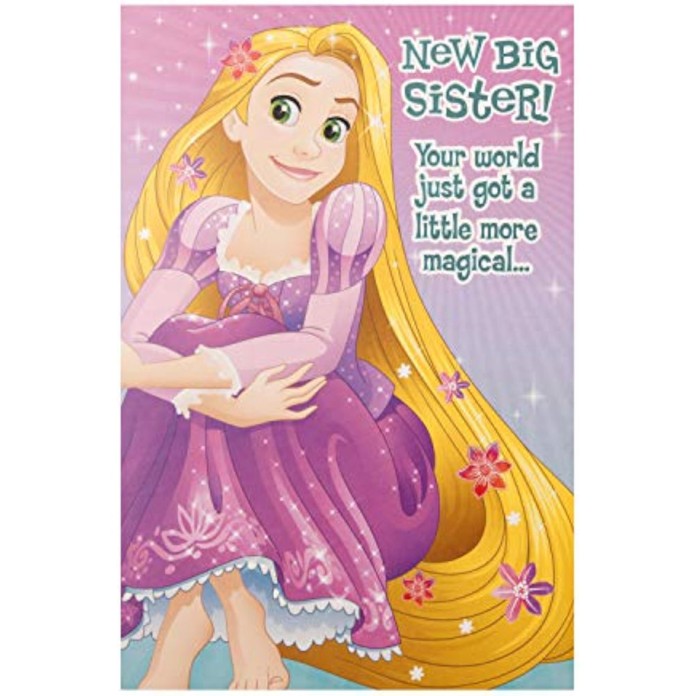 Colorful Rapunzel Disney Princess greeting card by Hallmark, celebrating new big sister with vibrant illustration.