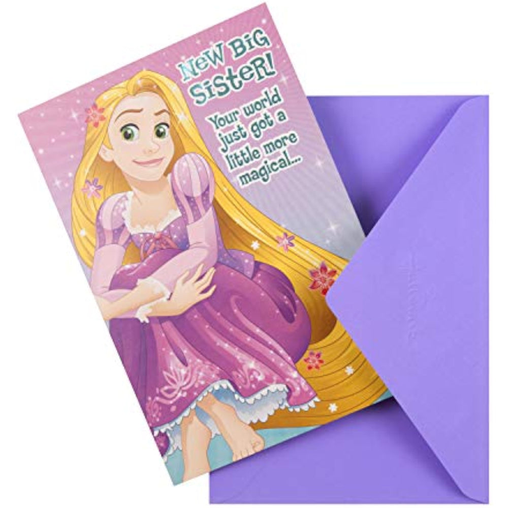 Colorful Rapunzel design on Hallmark Disney Princess greeting card for new big sister congratulations.