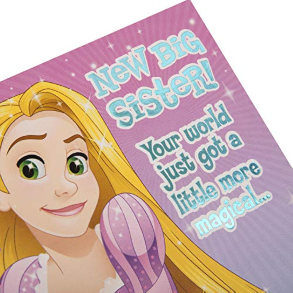 Colorful Rapunzel design greeting card from Hallmark's Disney Princess range celebrating new big sister congratulations.