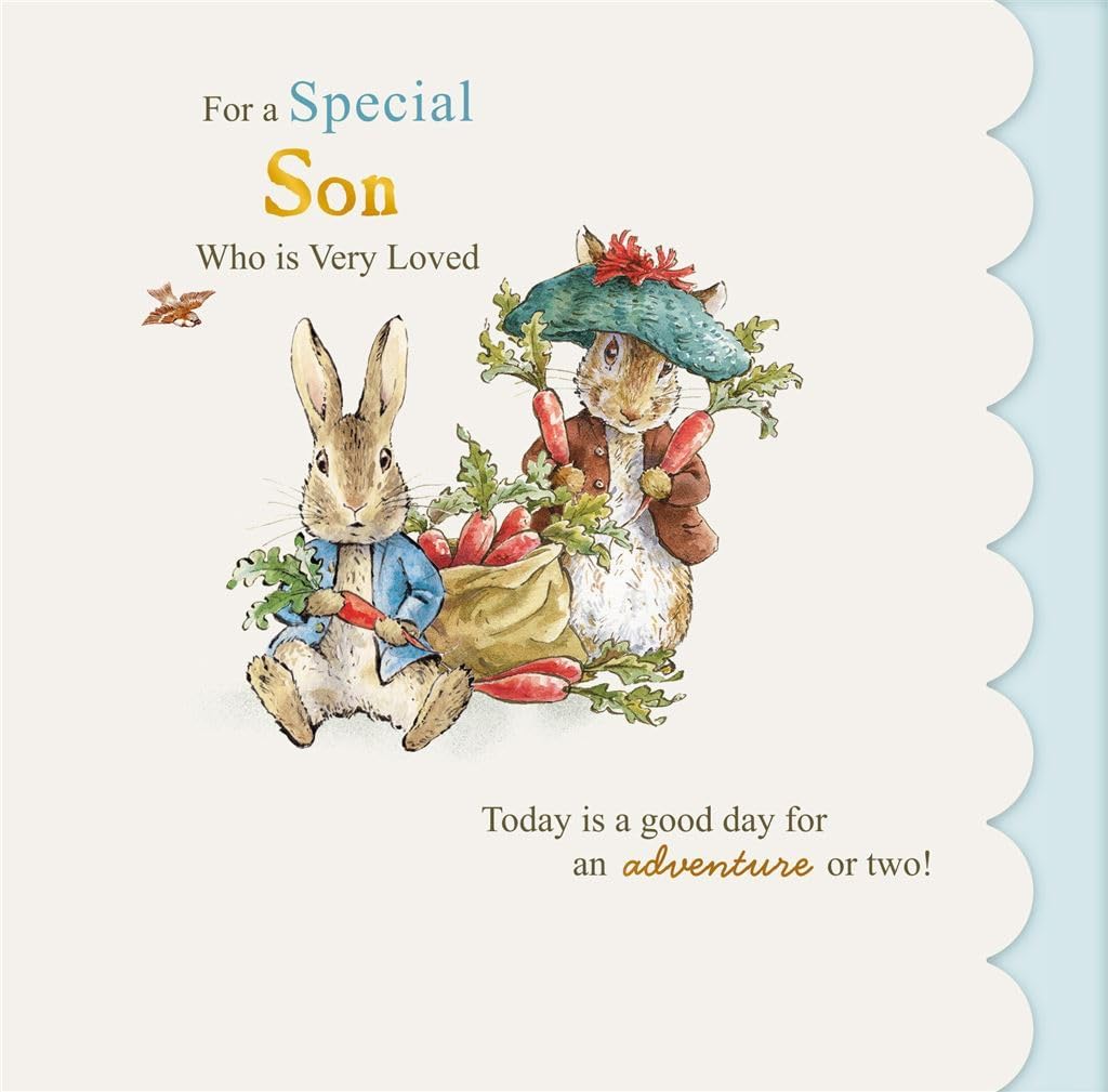 Hallmark Peter Rabbit special son birthday greeting card with colorful illustrations and festive design.