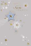 Hallmark stylish star birthday card for son with gold and silver metallic design, featuring a festive and elegant greeting card.