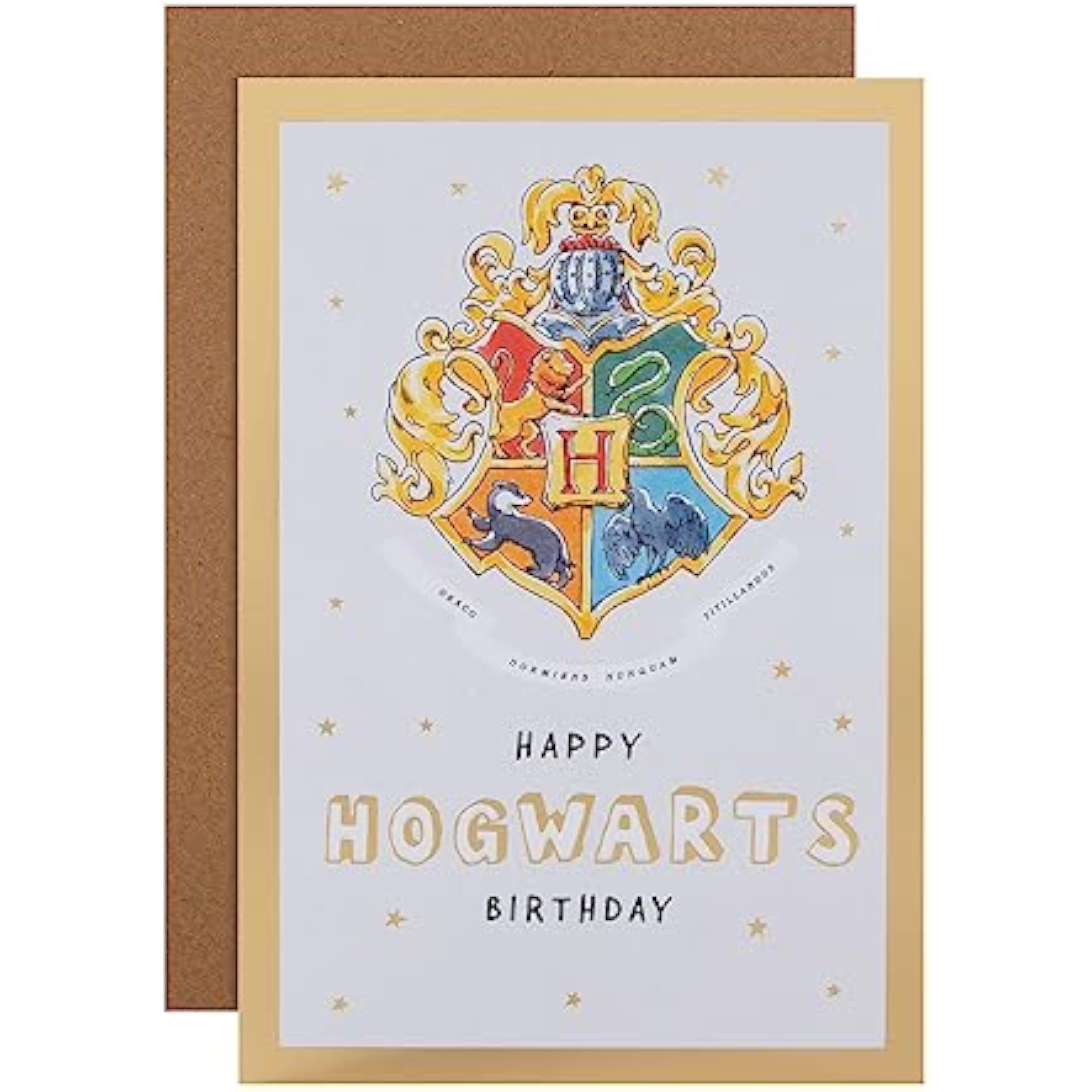 Hallmark Harry Potter Hogwarts House Crest birthday greeting card featuring house symbols and vibrant colors.