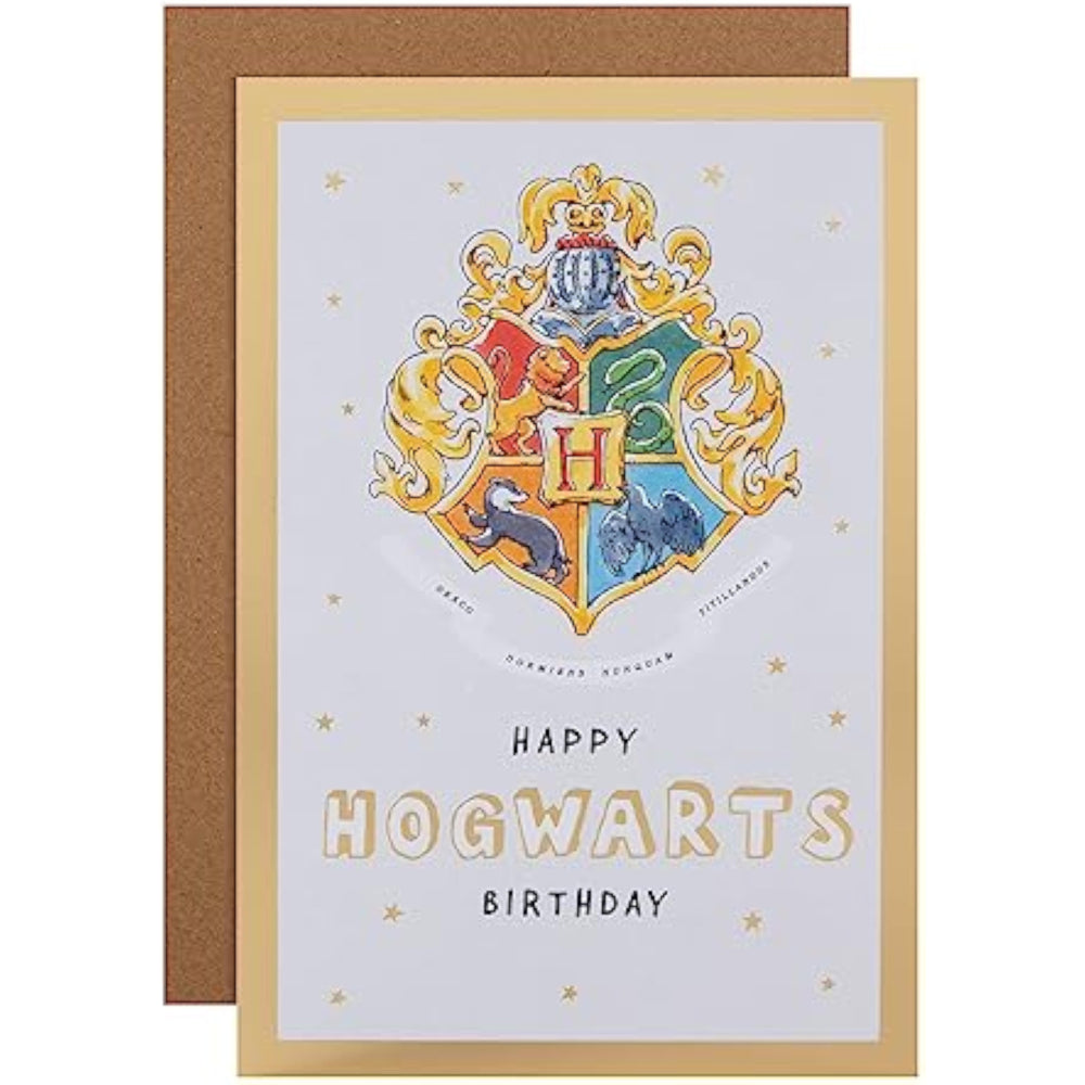 Hallmark Harry Potter Hogwarts House Crest birthday greeting card featuring house symbols and vibrant colors.