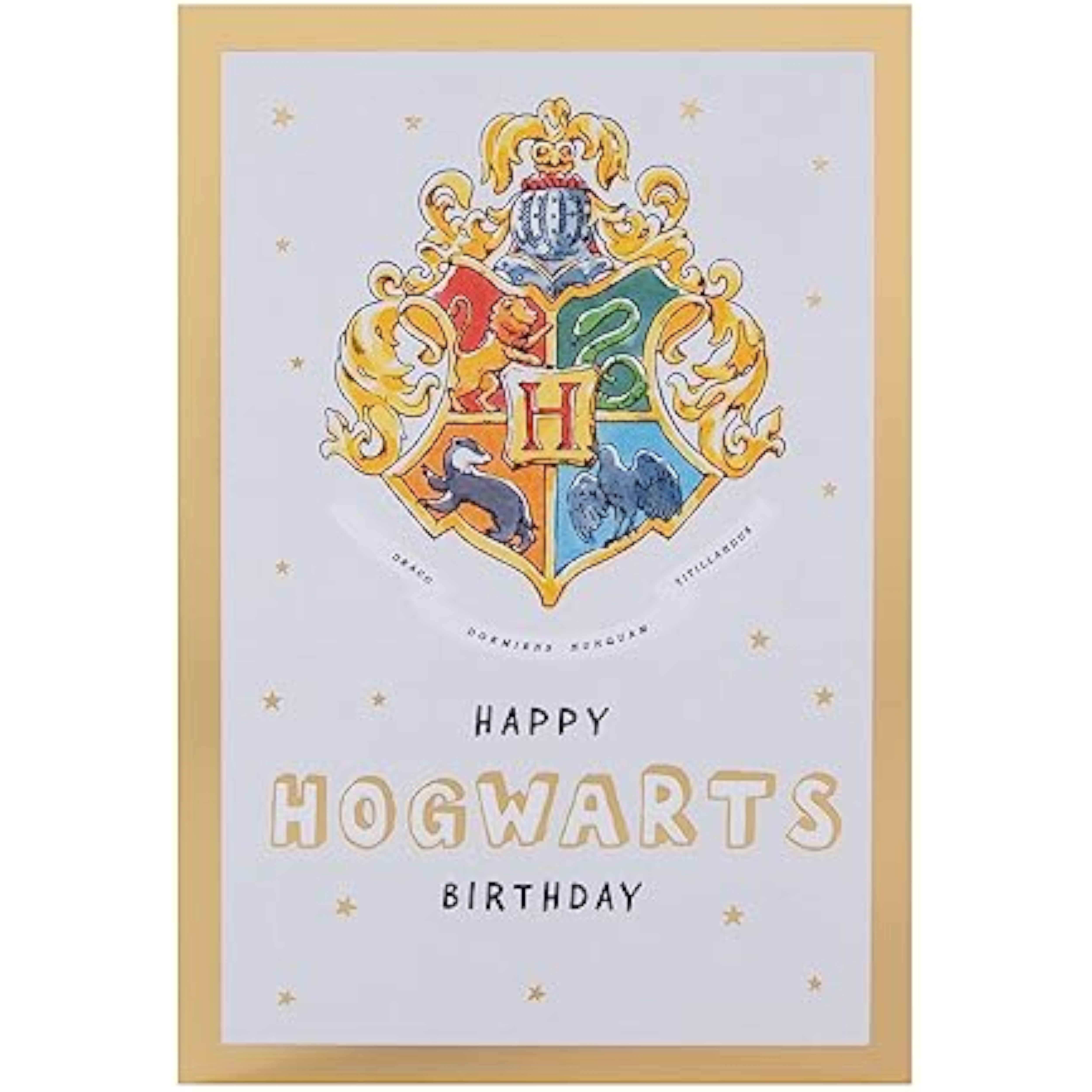 Hallmark Harry Potter Hogwarts House Crest birthday greeting card featuring house symbols and magical design elements.