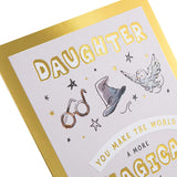 Hallmark Harry Potter Magical Daughter birthday greeting card featuring wizarding themes and colorful illustrations.