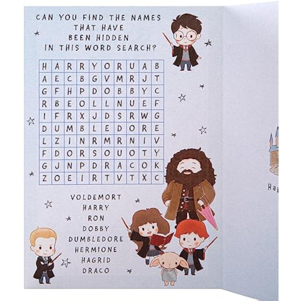 Hallmark Harry Potter Son birthday greeting card featuring Harry and magical design elements on a colorful background.
