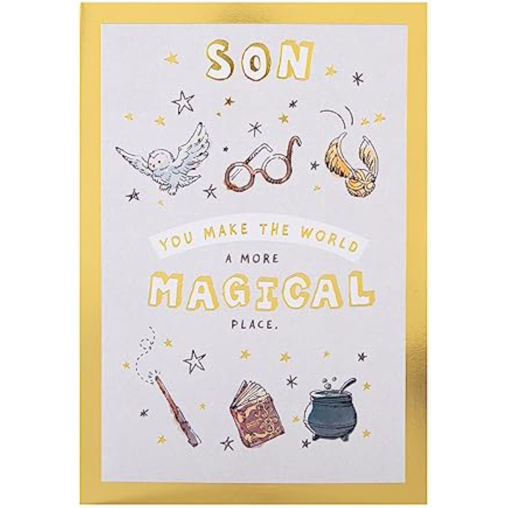 Hallmark Warner Brothers Harry Potter Son birthday greeting card with magical Harry Potter design and festive message inside.