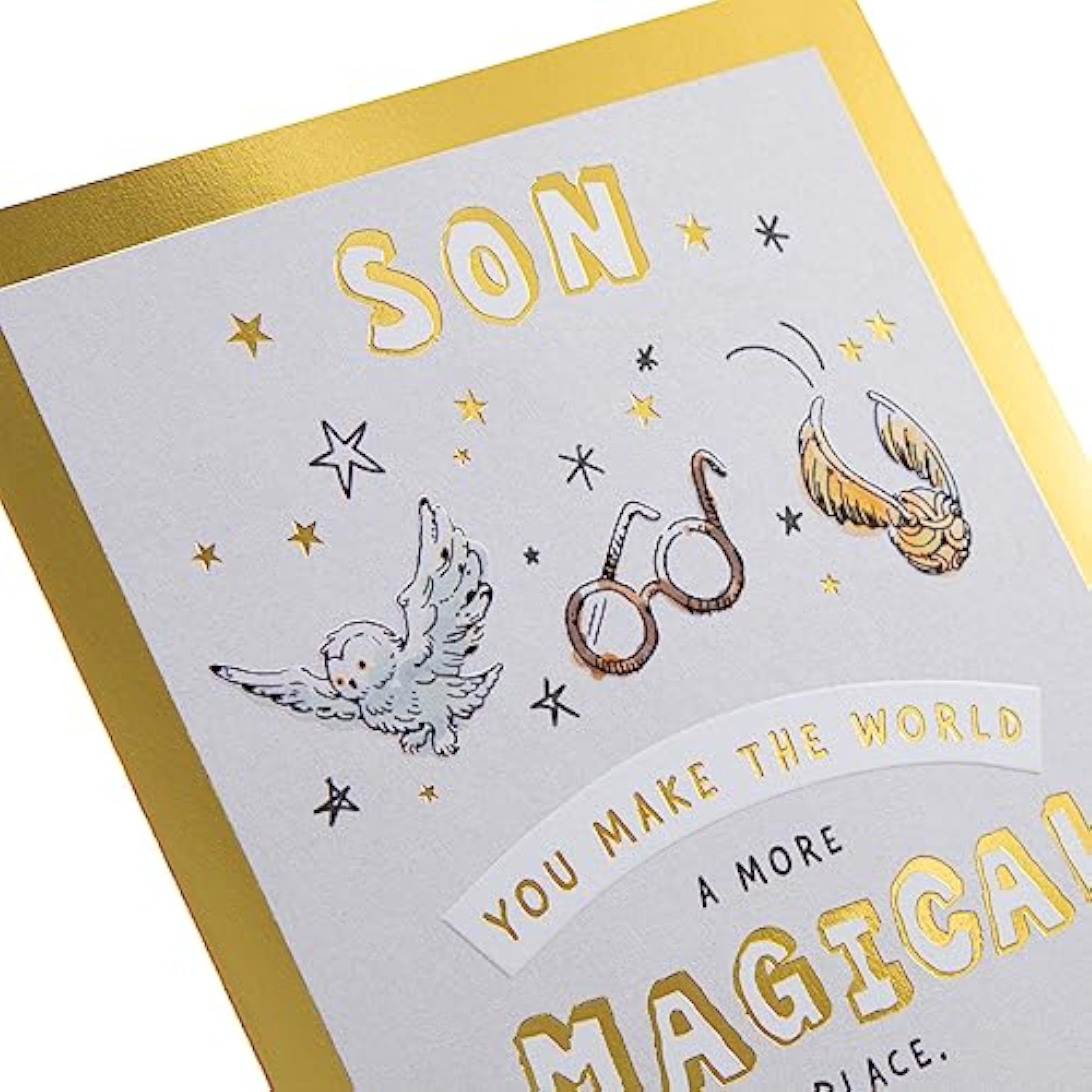 Hallmark Warner Brother Harry Potter Son birthday greeting card featuring Harry Potter and magical design elements.