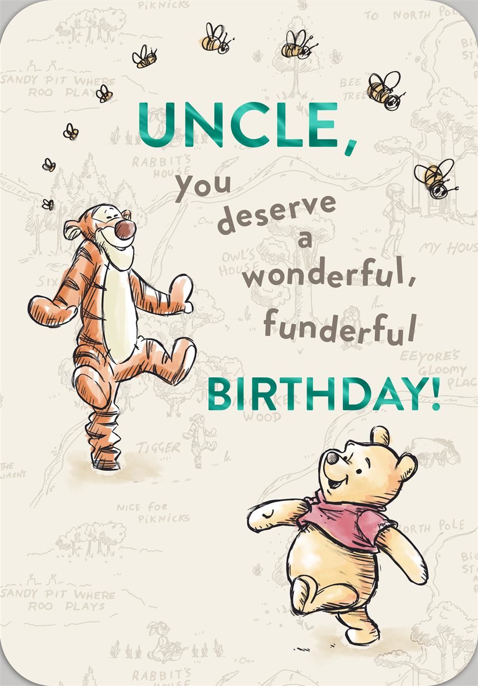 Hallmark Winnie the Pooh and Tigger Uncle birthday greeting card featuring colorful cartoon characters and cheerful design.