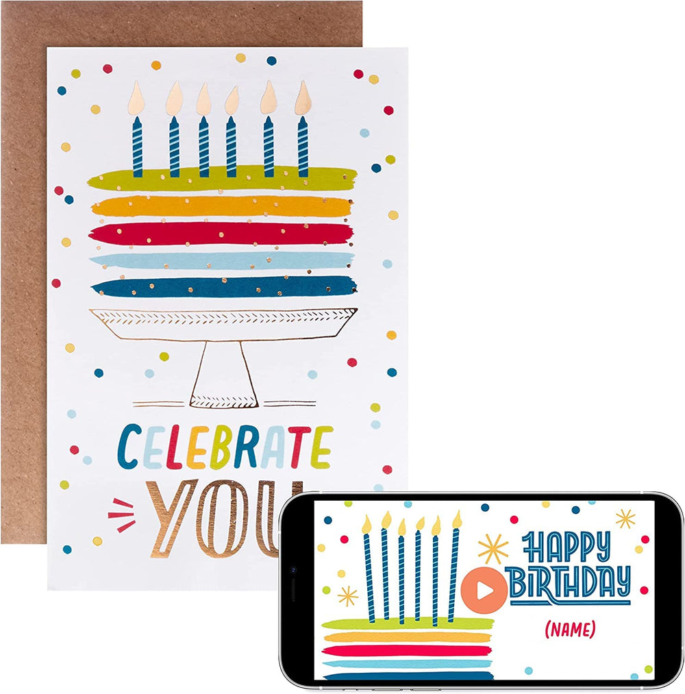 Hallmark Celebrate You birthday card with digital video greeting, featuring colorful cake design and festive message.