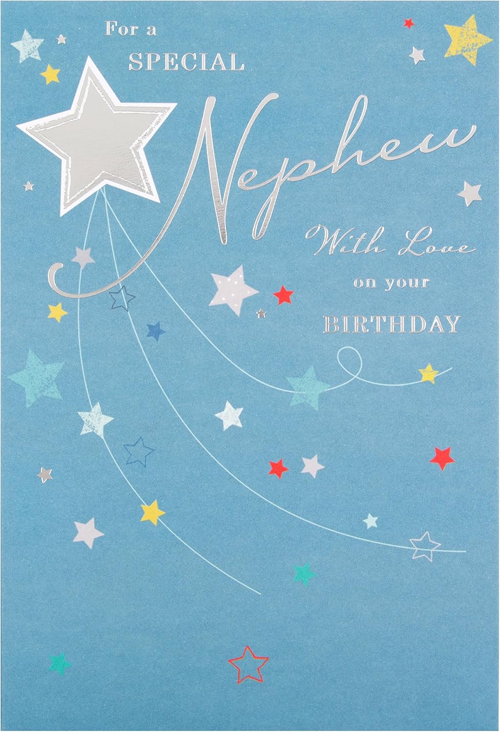 Hallmark birthday greeting card for a special nephew with love, featuring colorful floral and heart designs.