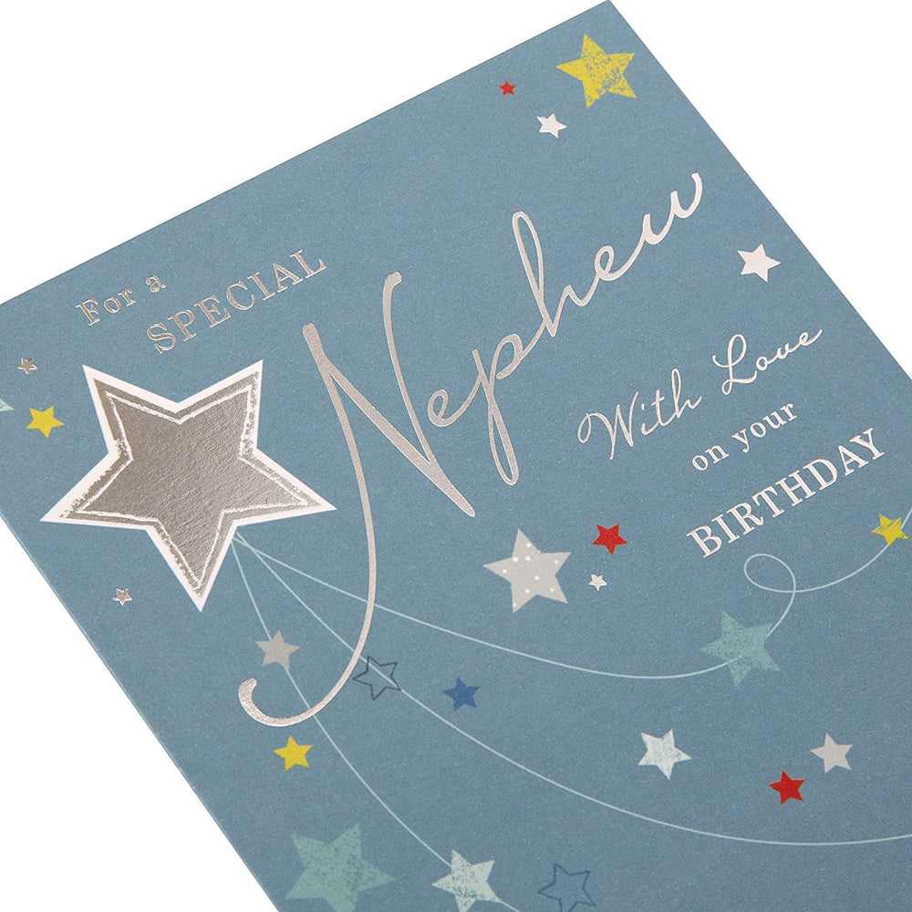 Hallmark birthday greeting card for a special nephew with love, featuring colorful designs and heartfelt message inside.
