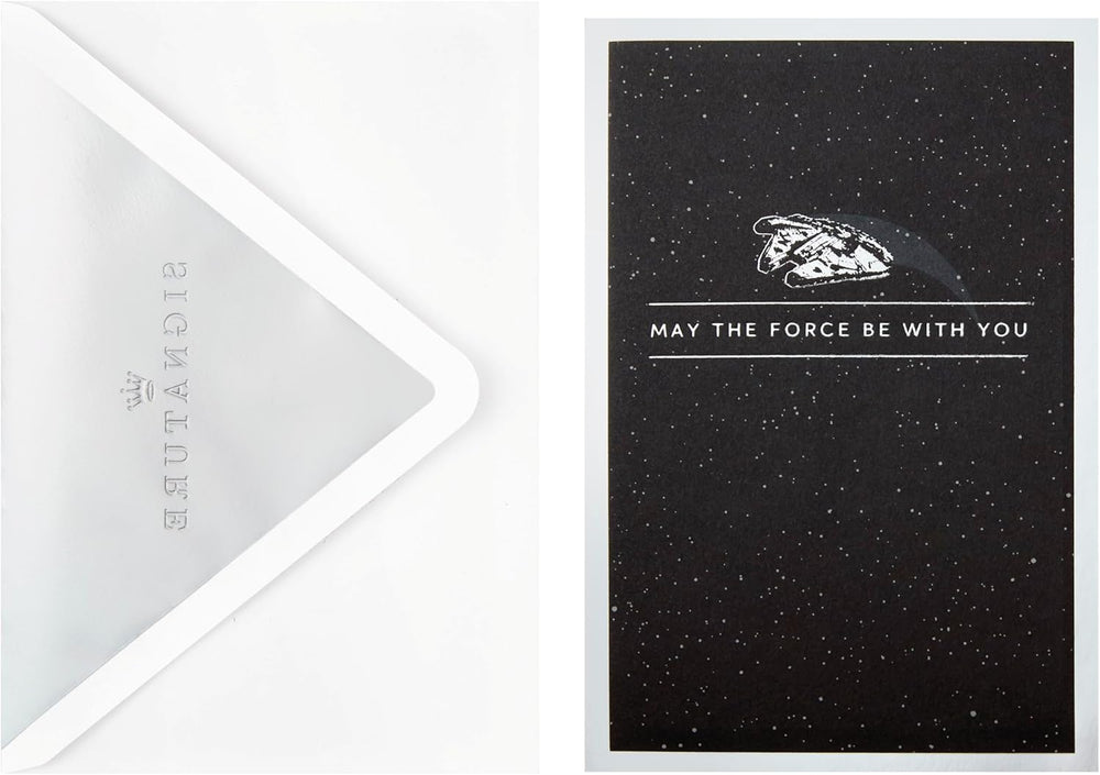 Hallmark 3D and pop-up Star Wars Millennium Falcon space-themed silver birthday greeting card showing the detailed spacecraft design.