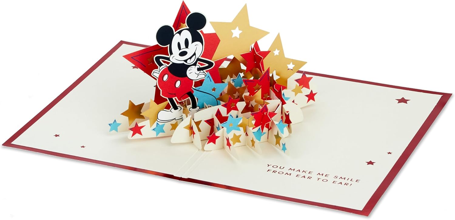 Hallmark Disney Mickey Mouse 3D pop-up greeting card for any occasion, featuring colorful Mickey Mouse design and interactive elements.
