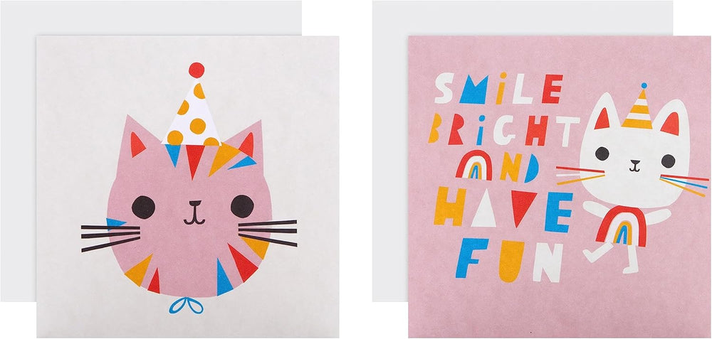 Hallmark Cat Designs kids' birthday greeting card pack with 10 colorful cards featuring cute cat illustrations for children.