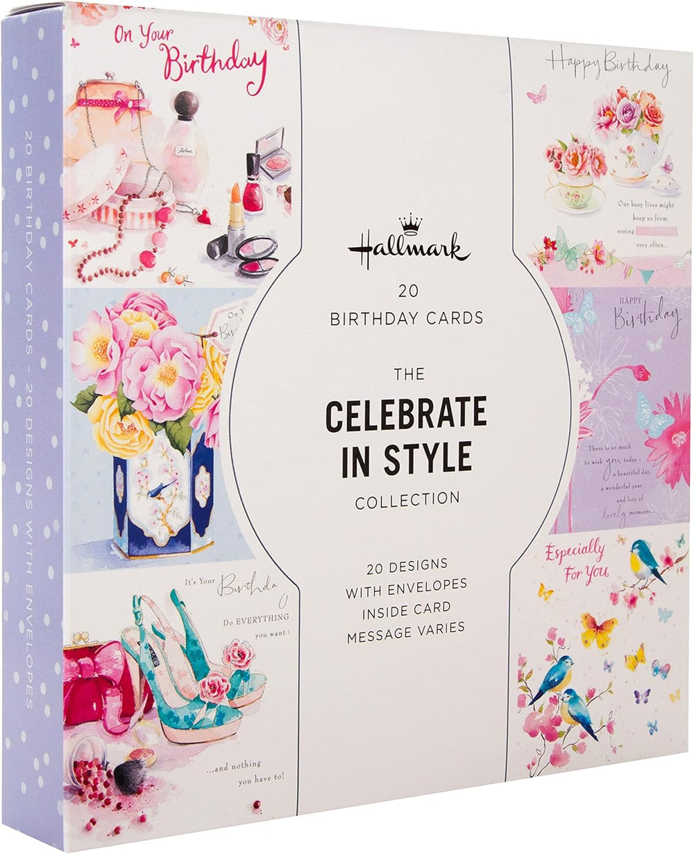 Set of 20 Hallmark floral designs birthday greeting cards in a multi-pack, featuring colorful floral artwork for celebrations.