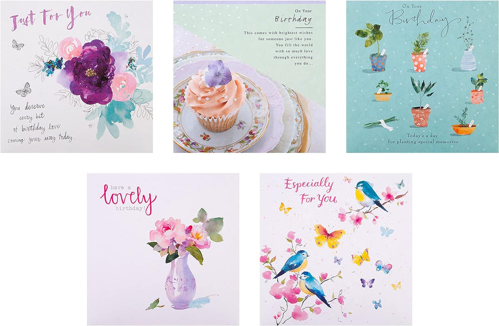 Set of 20 Hallmark floral design birthday greeting cards in a multi-pack, featuring colorful floral artwork on each card.