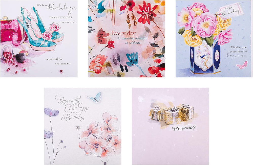 Set of 20 Hallmark floral design birthday greeting cards in a multi-pack, featuring colorful floral illustrations and festive messages.