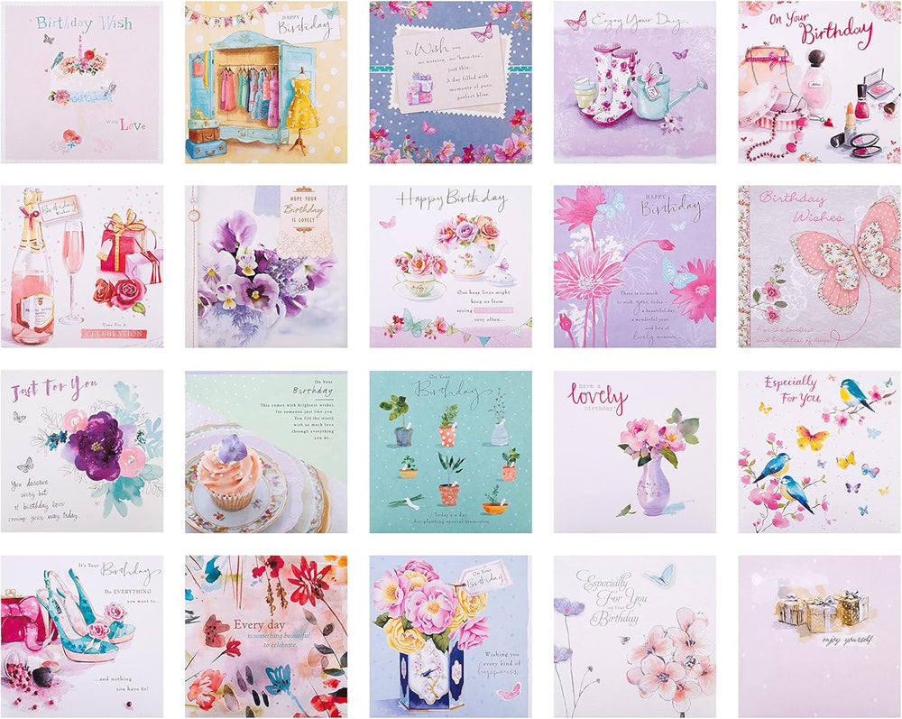 Set of 20 Hallmark floral design birthday greeting cards in a multipack, featuring colorful floral artwork on each card.