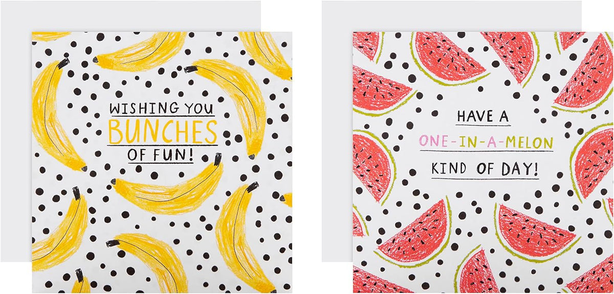 Hallmark fruit-themed kids birthday greeting cards in a pack of 10, featuring two bold colorful designs.